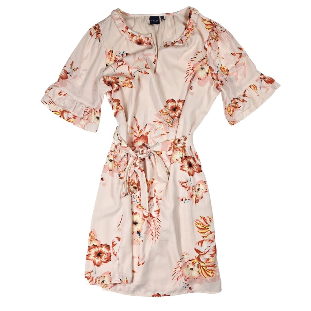 Kaari Blue Ivory Orange Floral Havana Tie Waist Mini Dress Women's Size XS